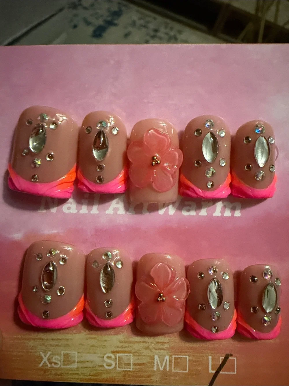 Nude Pink Acrylic handmade Press-On Nails with Neon Tips & Rhinestones